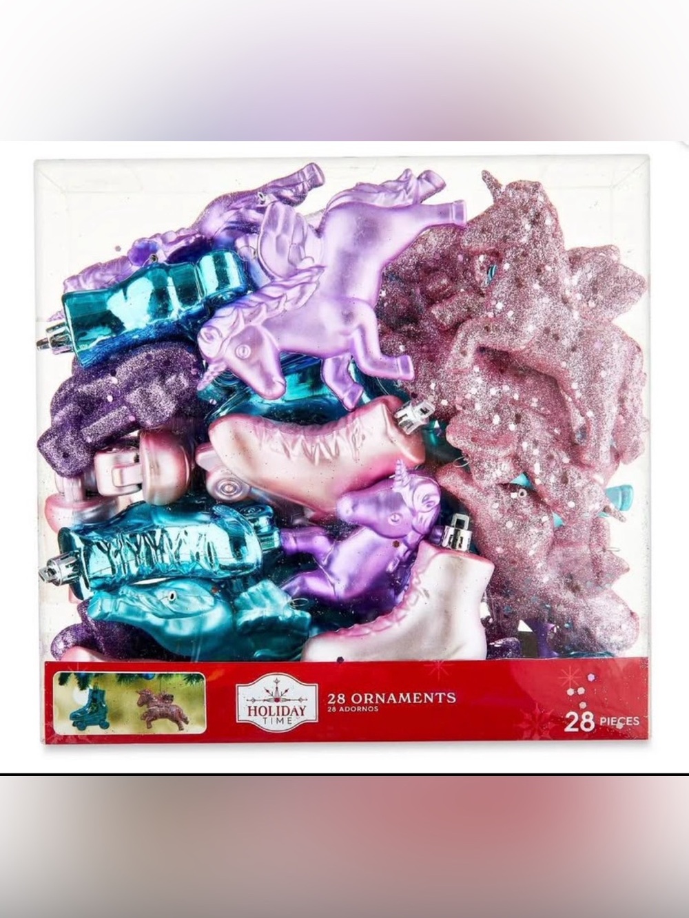Holiday Time Purple, Teal & Pink Assorted Holiday Ornaments - 28 Pc broken box